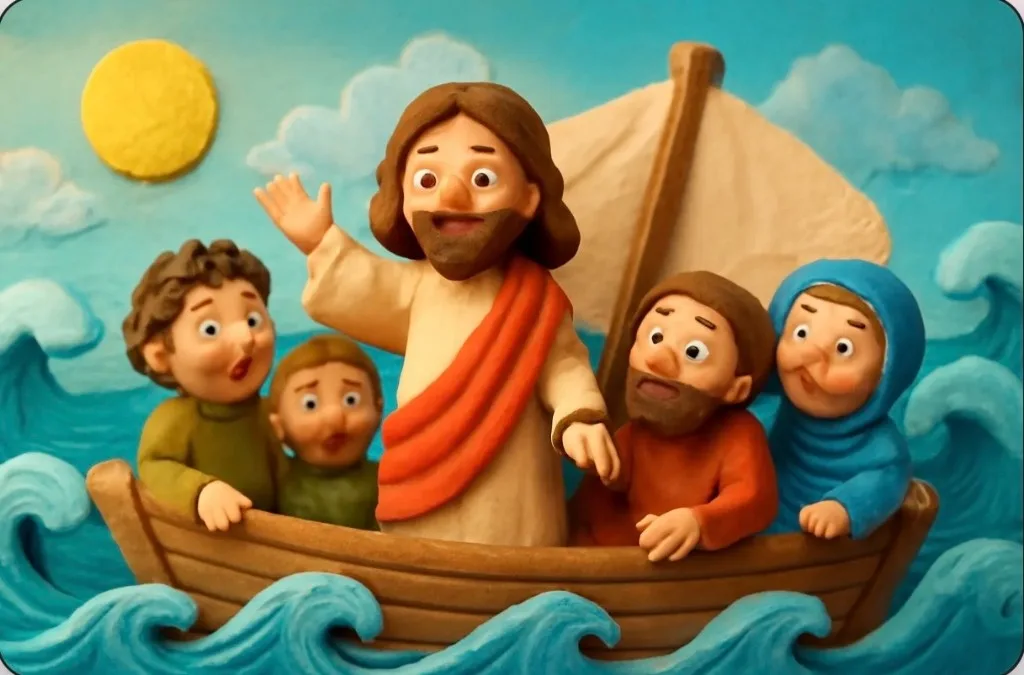 Ilustración artesanal de arcilla de Jesús de pie en una barca con sus discípulos entre olas