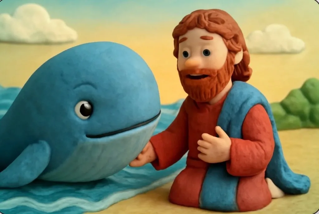 Ilustración artesanal de arcilla de Jonás junto a un gran pez azul a la orilla del mar