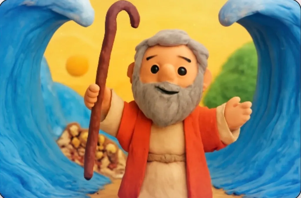Ilustración artesanal de arcilla de Moisés con su bastón en alto entre dos muros de agua