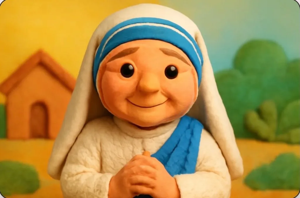 Ilustración artesanal de arcilla de la Madre Teresa con su sari blanco de franjas azules, sonriendo