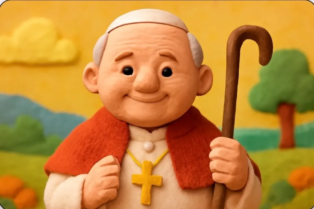 Ilustración artesanal de arcilla de San Juan Pablo II sonriendo con su báculo y una cruz dorada