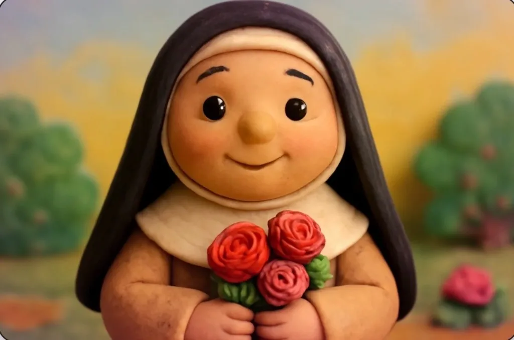 Ilustración artesanal de arcilla de Santa Teresa de Lisieux con hábito carmelita y un ramo de rosas