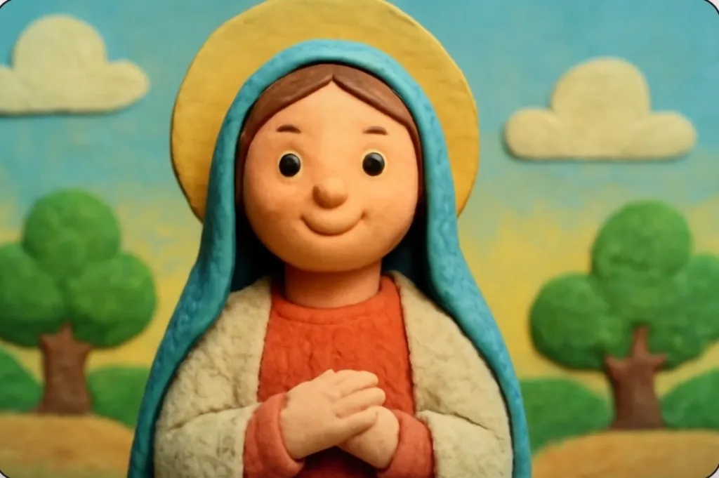 Ilustración artesanal de arcilla de la Virgen María con manto azul y las manos juntas en oración