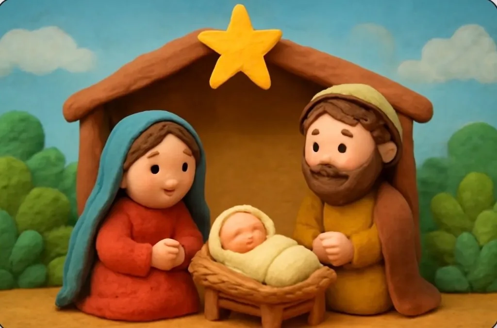 Ilustración artesanal de arcilla de María y José junto al Niño Jesús en el pesebre bajo una estrella